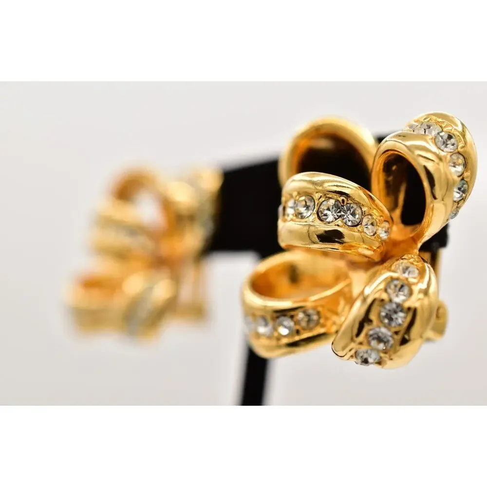 KJL Vintage Crystal Bow Clip Earrings Knot Gold Tone Chunky Signed 1990s BinBF - Picture 2 of 12